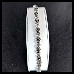 🩵 Vtg. Elegant Sterling Silver Topaz Marcasite Heart Link Tennis Bracelet